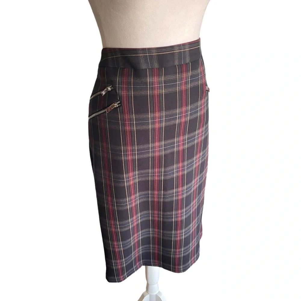 NWT Philosophy Navy Plaid Pencil Skirt With Zipper Details Women’s Size 10